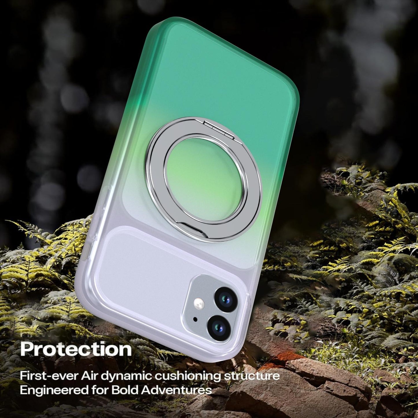 For iPhone 11 Phantom Skin Feel Gradient 360 Degree Rotating Holder Phone Case(Green)