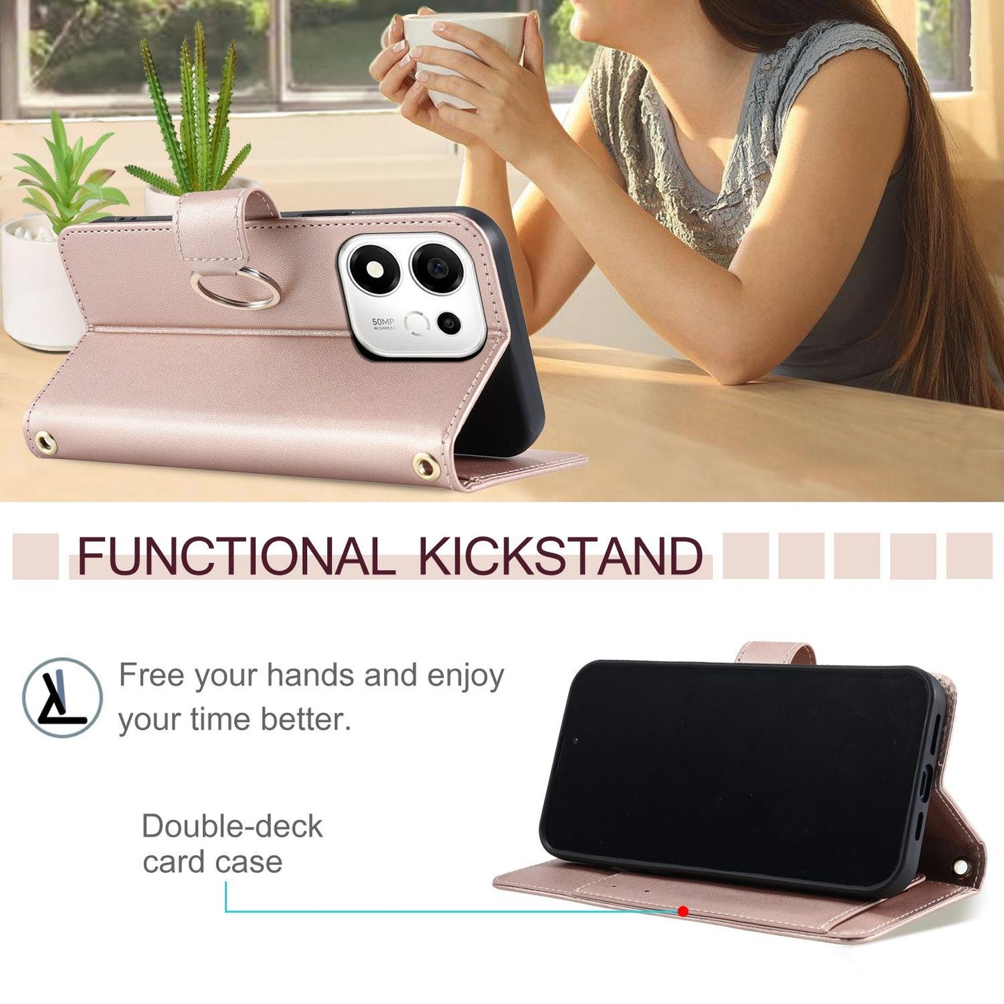 For Honor 600 Smart 5G Ring Buckle Rhombic Leather Phone Case(Rose Gold)
