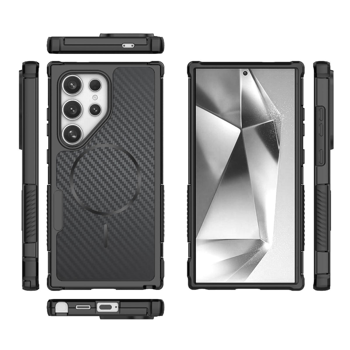 For Galaxy S24 Ultra 5G Rugged Carbon Fiber Texture Airbag Shockproof Magnetic Phone Case - Black - EDA010016105A
