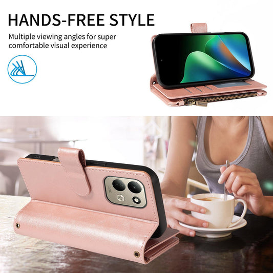For Redmi 17 5G / 4G Global 170mm Imitation Calf Vegan Leather 9 Card Slots Zipper Phone Case with Wrist Strap(Rose Gold)