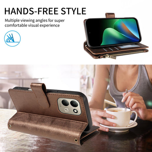 For Redmi 17 5G / 4G Global 170mm Imitation Calf Vegan Leather 9 Card Slots Zipper Phone Case with Wrist Strap(Bronze)
