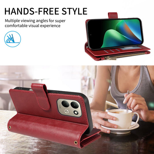 For Redmi 17 5G / 4G Global 170mm Imitation Calf Vegan Leather 9 Card Slots Zipper Phone Case with Wrist Strap(Red)
