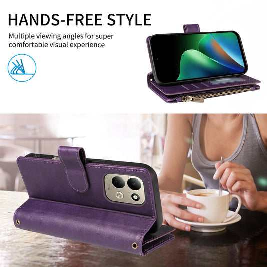 For Redmi 17 5G / 4G Global 170mm Imitation Calf Vegan Leather 9 Card Slots Zipper Phone Case with Wrist Strap(Purple)