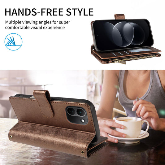 For Redmi Note 17 Pro+ 5G Global 163mm Imitation Calf Vegan Leather 9 Card Slots Zipper Phone Case with Wrist Strap(Bronze)