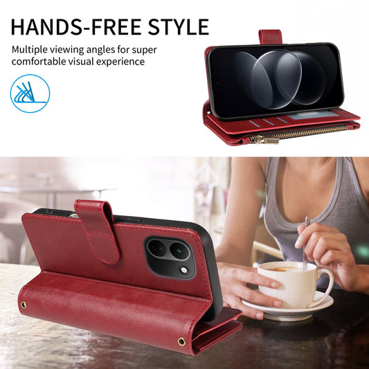For Redmi Note 17 Pro+ 5G Global 163mm Imitation Calf Vegan Leather 9 Card Slots Zipper Phone Case with Wrist Strap(Red)
