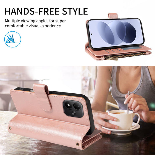 For Redmi Note 17 5G/4G Global 171mm Imitation Calf Vegan Leather 9 Card Slots Zipper Phone Case with Wrist Strap(Rose Gold)