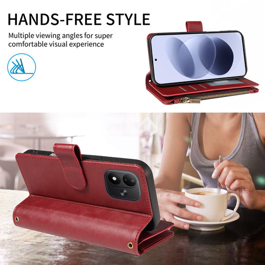 For Redmi Note 17 5G/4G Global 171mm Imitation Calf Vegan Leather 9 Card Slots Zipper Phone Case with Wrist Strap(Red)