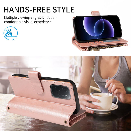 For Xiaomi Poco C95 Pro Imitation Calf Vegan Leather 9 Card Slots Zipper Phone Case with Wrist Strap(Rose Gold)