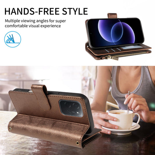 For Xiaomi Poco C95 Pro Imitation Calf Vegan Leather 9 Card Slots Zipper Phone Case with Wrist Strap(Bronze)