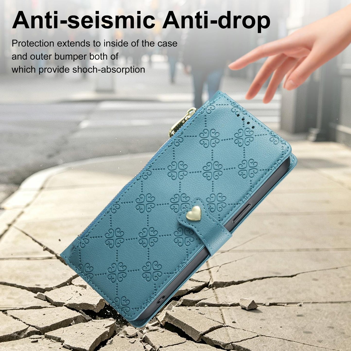 For Realme GT 6 / GT Neo6 / GT Neo6 SE Zipper Wallet Heart Buckle Vegan Leather Phone Case with Wrist Strap(Lake Blue)