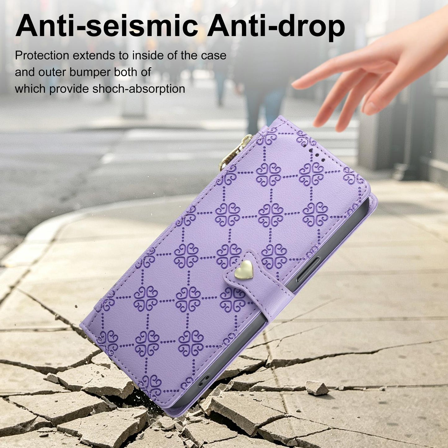 For Huawei nova 14 Zipper Wallet Heart Buckle Vegan Leather Phone Case with Wrist Strap(Purple)