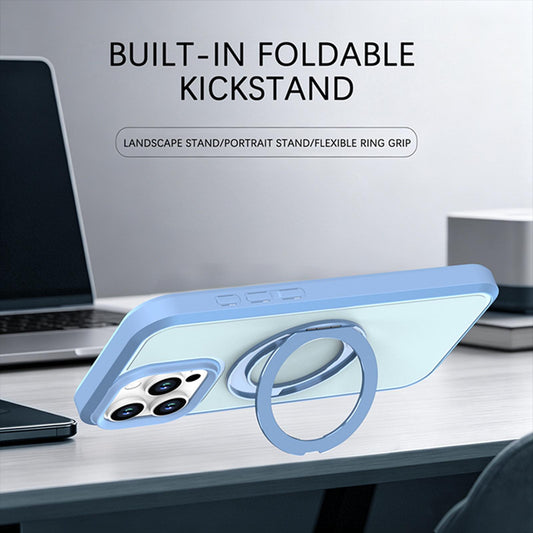 For iPhone 16 Pro Silicone Magnetic Anti-drop Protective Phone Case with 360 Rotating Holder(Light Blue)