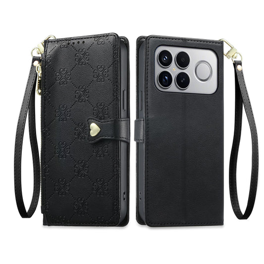 For Xiaomi Poco F8 Ultra / Redmi K90 Pro Max Zipper Wallet Heart Buckle Vegan Leather Phone Case with Wrist Strap(Black)