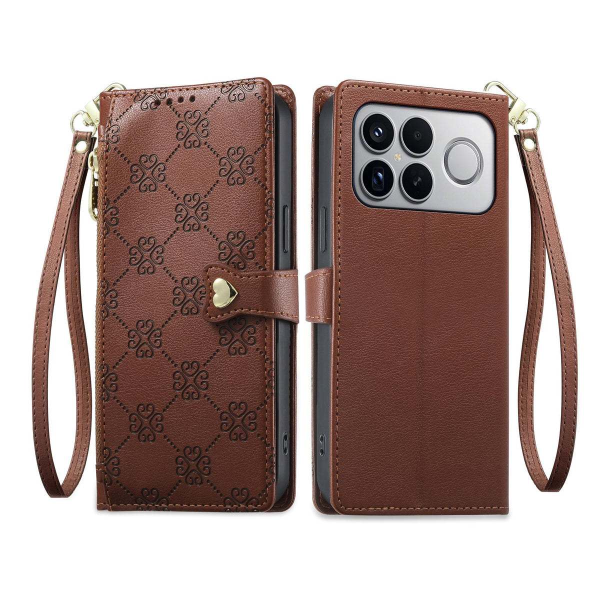 For Xiaomi Poco F8 Ultra / Redmi K90 Pro Max Zipper Wallet Heart Buckle Vegan Leather Phone Case with Wrist Strap(Brown)