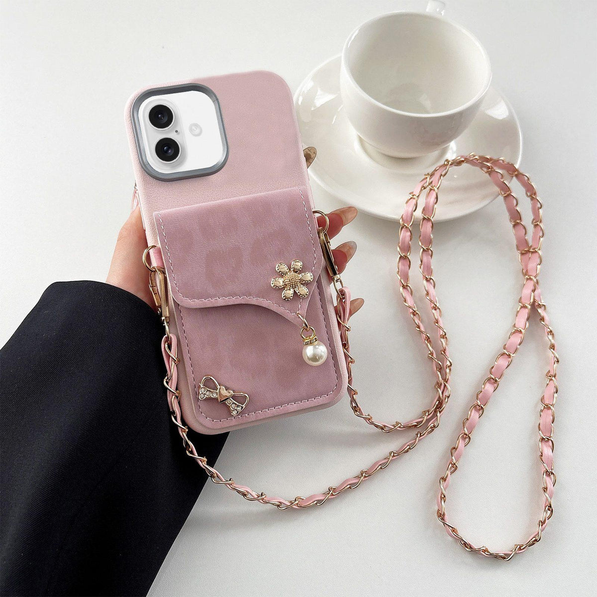 For iPhone 17 Leather Leopard Print Card Bag Phone Case with Crossbody Chain - Pink - EDA010066406A