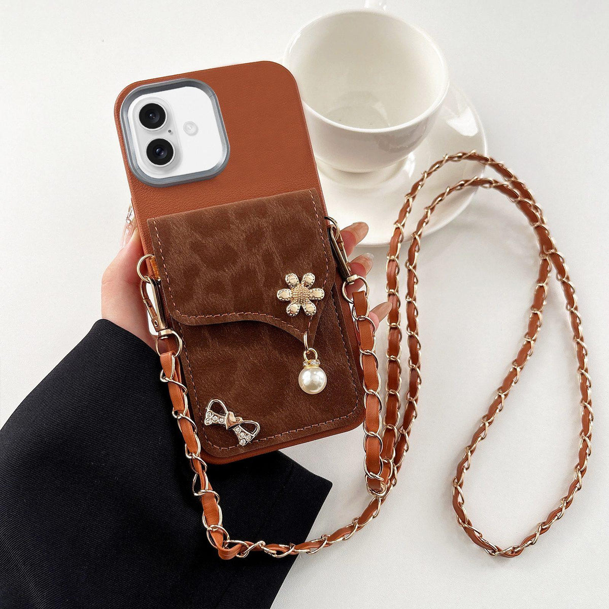 For iPhone 17 Leather Leopard Print Card Bag Phone Case with Crossbody Chain - Brown - EDA010066406C