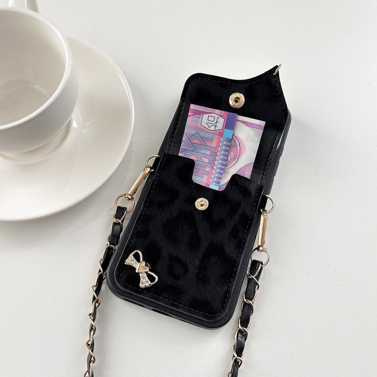 For iPhone 18 Pro Max Leather Leopard Print Card Bag Phone Case with Crossbody Chain - Pink - EDA010066403A