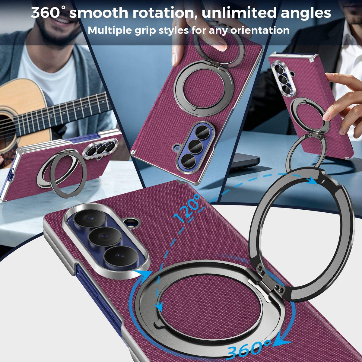 For Galaxy Z Fold5 5G KASHI Electroplated Dual-Hinge 360 Rotation Magnetic Holder Phone Case - Cherry Red - EDA010078405G