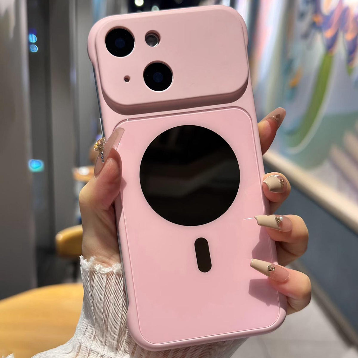 For iPhone 15 Large Window Borderless Mirror Magnetic Phone Case - Pink - EDA010108709D