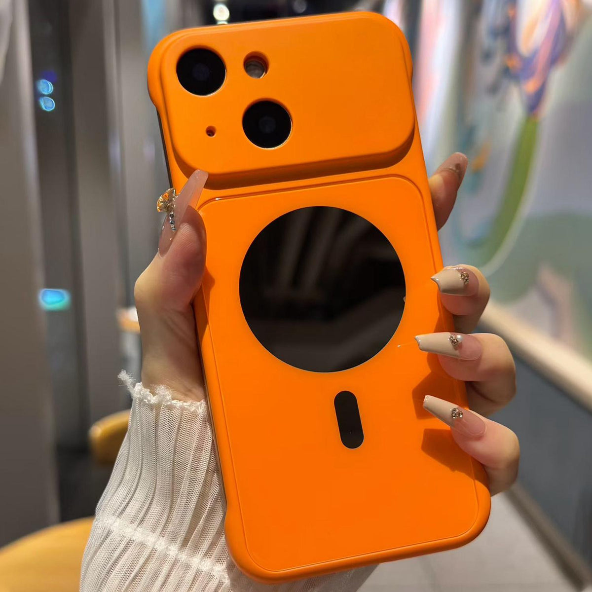 For iPhone 15 Large Window Borderless Mirror Magnetic Phone Case - Orange - EDA010108709H