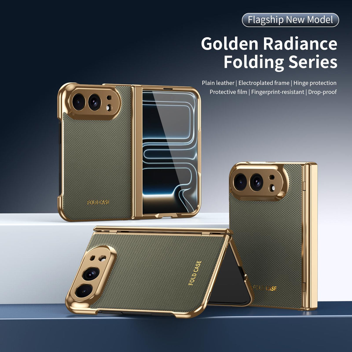 For iPhone Duo Electroplated PC Fold Shockproof Vegan Leather Phone Case - Olive Green - EDA010120401F