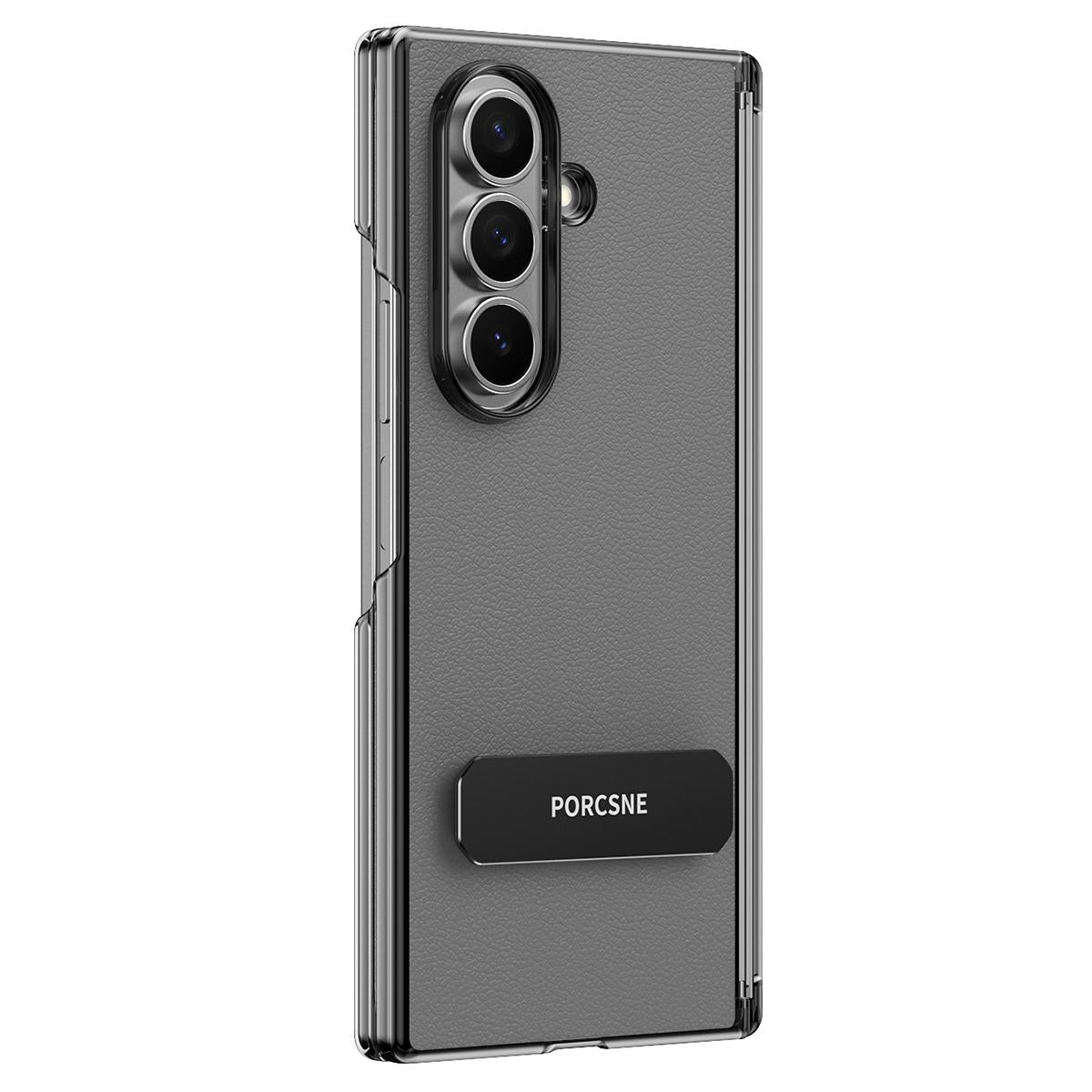For Galaxy Z Fold5 Vegan Leather Dual-Hinge 270 Rotation Metal Holder Phone Case - Space Grey - EDA010131605C