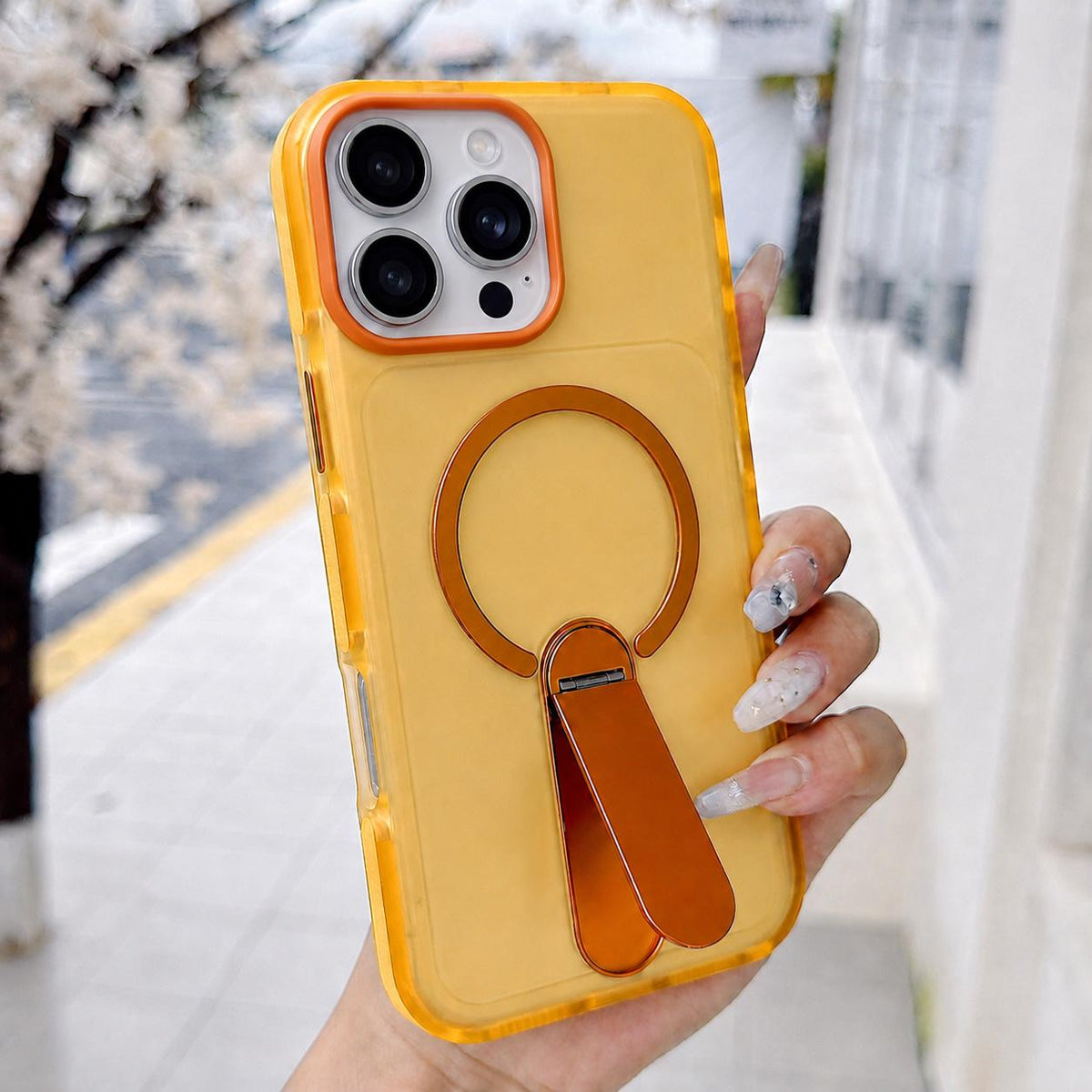 For iPhone 16 Pro Max Color-Block Rotation Bar Holder Magnetic Phone Case with Lens Film - Orange - EDA010131905A