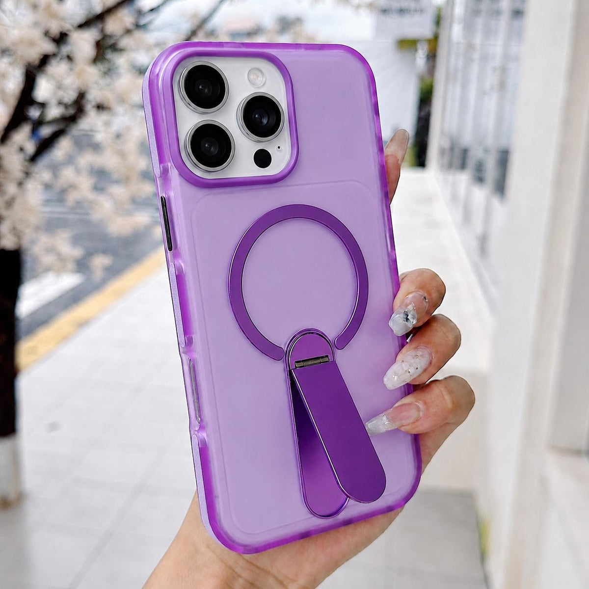 For iPhone 16 Pro Max Color-Block Rotation Bar Holder Magnetic Phone Case with Lens Film - Purple - EDA010131905C