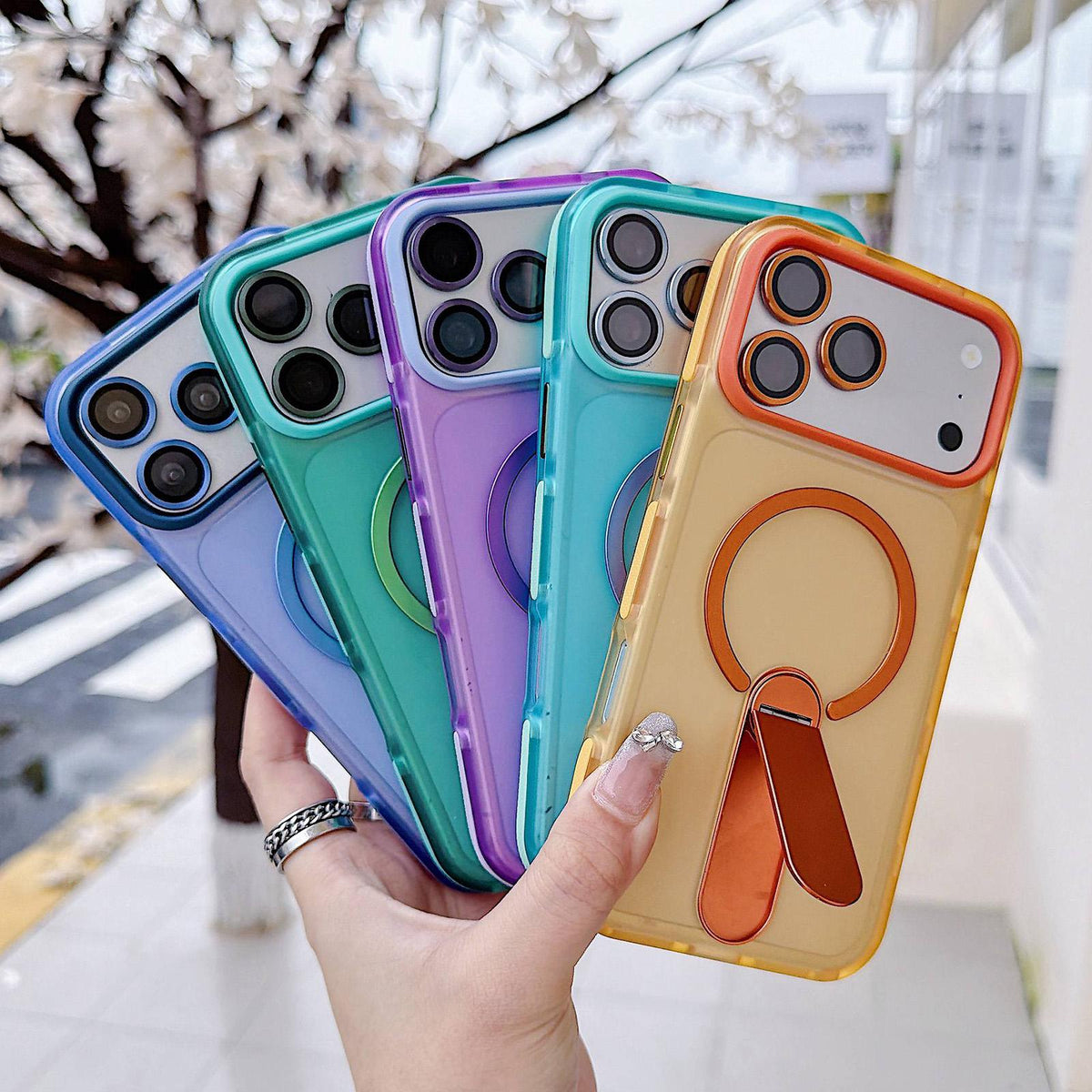For iPhone 16 Plus Color-Block Rotation Bar Holder Magnetic Phone Case with Lens Film - Orange - EDA010131907A