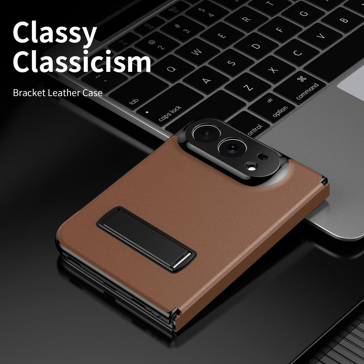 For iPhone Duo Flip Cover Folding Holder Vegan Leather Protective Phone Case - Brown - EDA010136401A