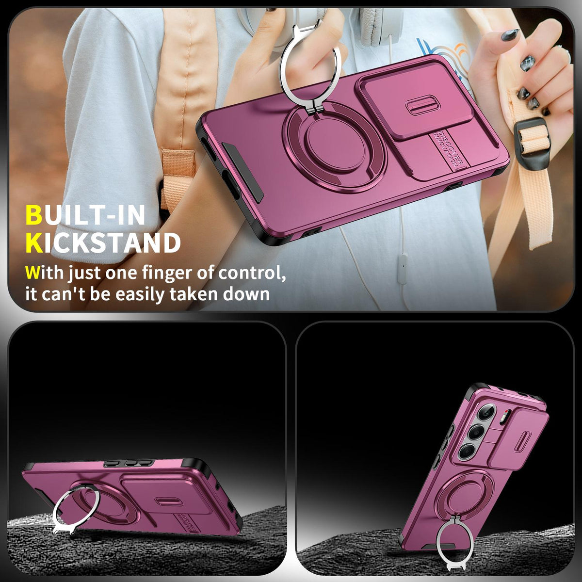 For Tecno Camon 40 Pro 4G Sliding Camshield Ring Holder Phone Case - Cherry Red - EDA010162901H