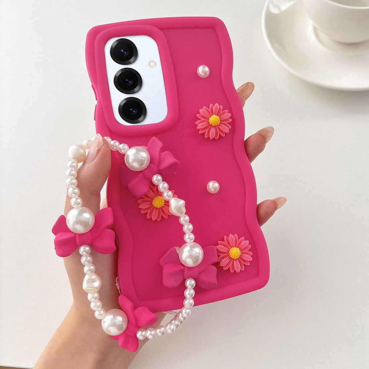 For Galaxy S25+ 5G Macaron Color Little Daisy and Pearl Phone Case with Bracelet Chain - Red - EDA010166105A