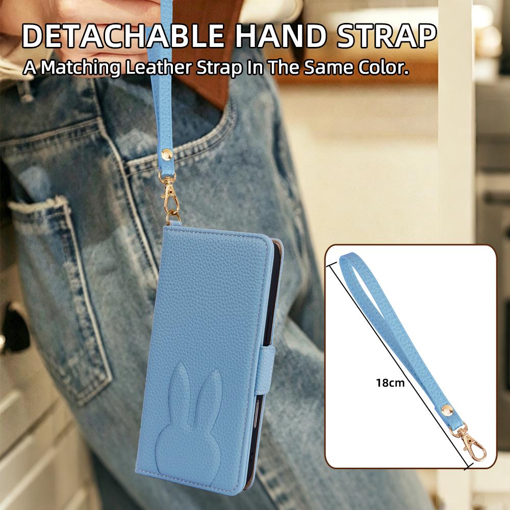 For Google Pixel 7a Bunny Ears Side Magnetic Clasp Vegan Leather Phone Case with Wrist Strap - Blue - EDA010209903A