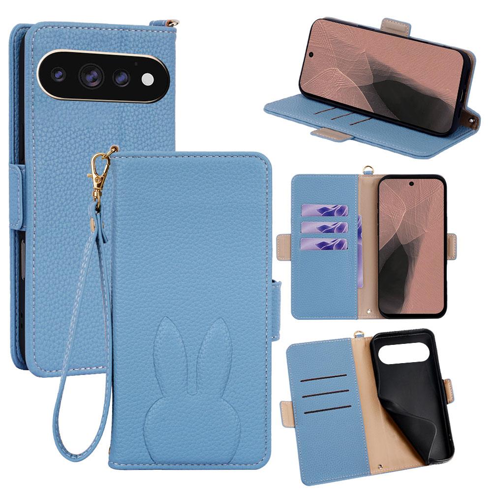 For Google Pixel 11 Pro XL Bunny Ears Side Magnetic Clasp Vegan Leather Phone Case with Wrist Strap - Blue - EDA010209914A