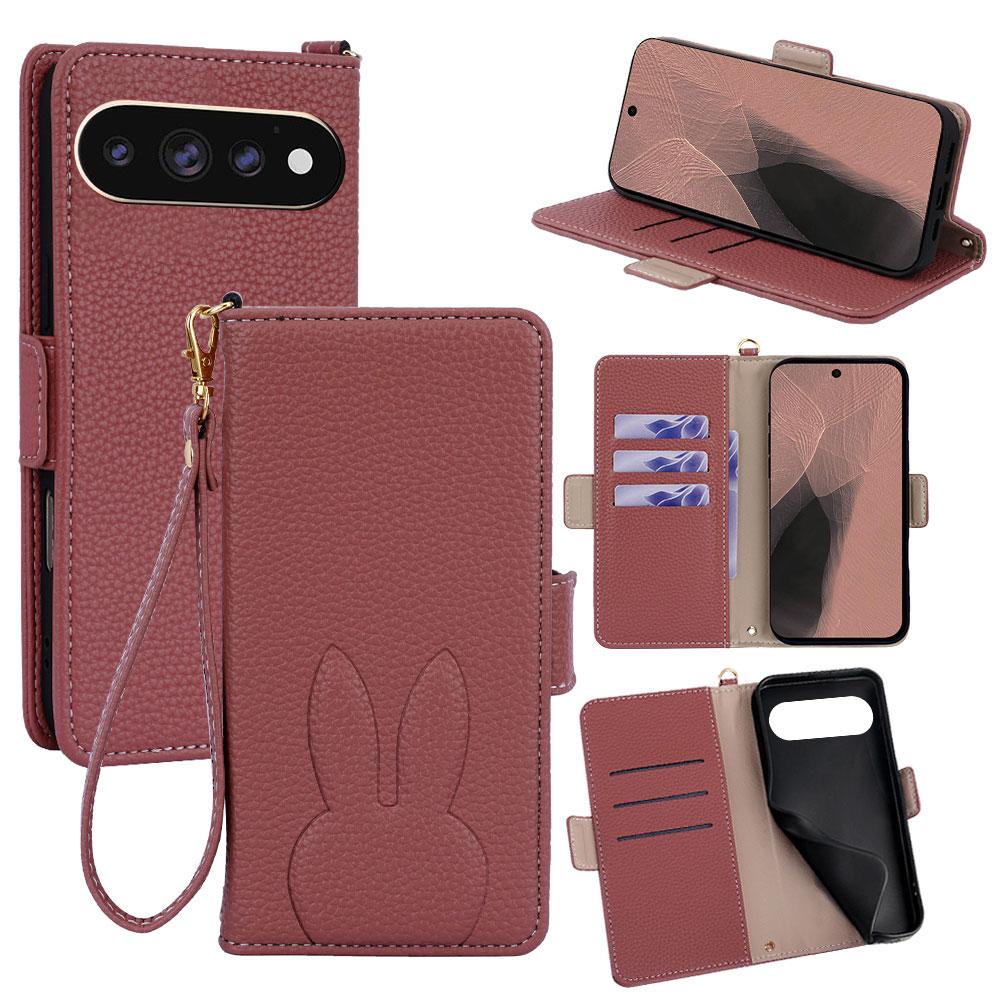 For Google Pixel 11 Pro XL Bunny Ears Side Magnetic Clasp Vegan Leather Phone Case with Wrist Strap - Red - EDA010209914D