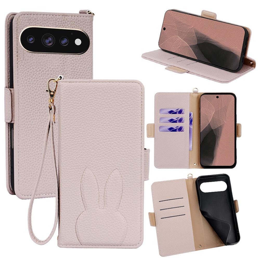 For Google Pixel 11 Pro XL Bunny Ears Side Magnetic Clasp Vegan Leather Phone Case with Wrist Strap - Light Pink - EDA010209914E