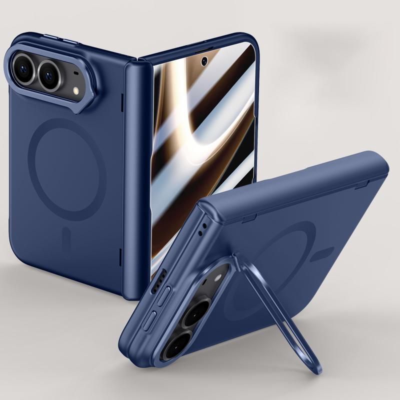 For iPhone Duo Crazy Series Integrated HD Film Skin Feel Center Axis Magnetic Phone Case with Lens Holder - Navy Blue - EDA010234001B