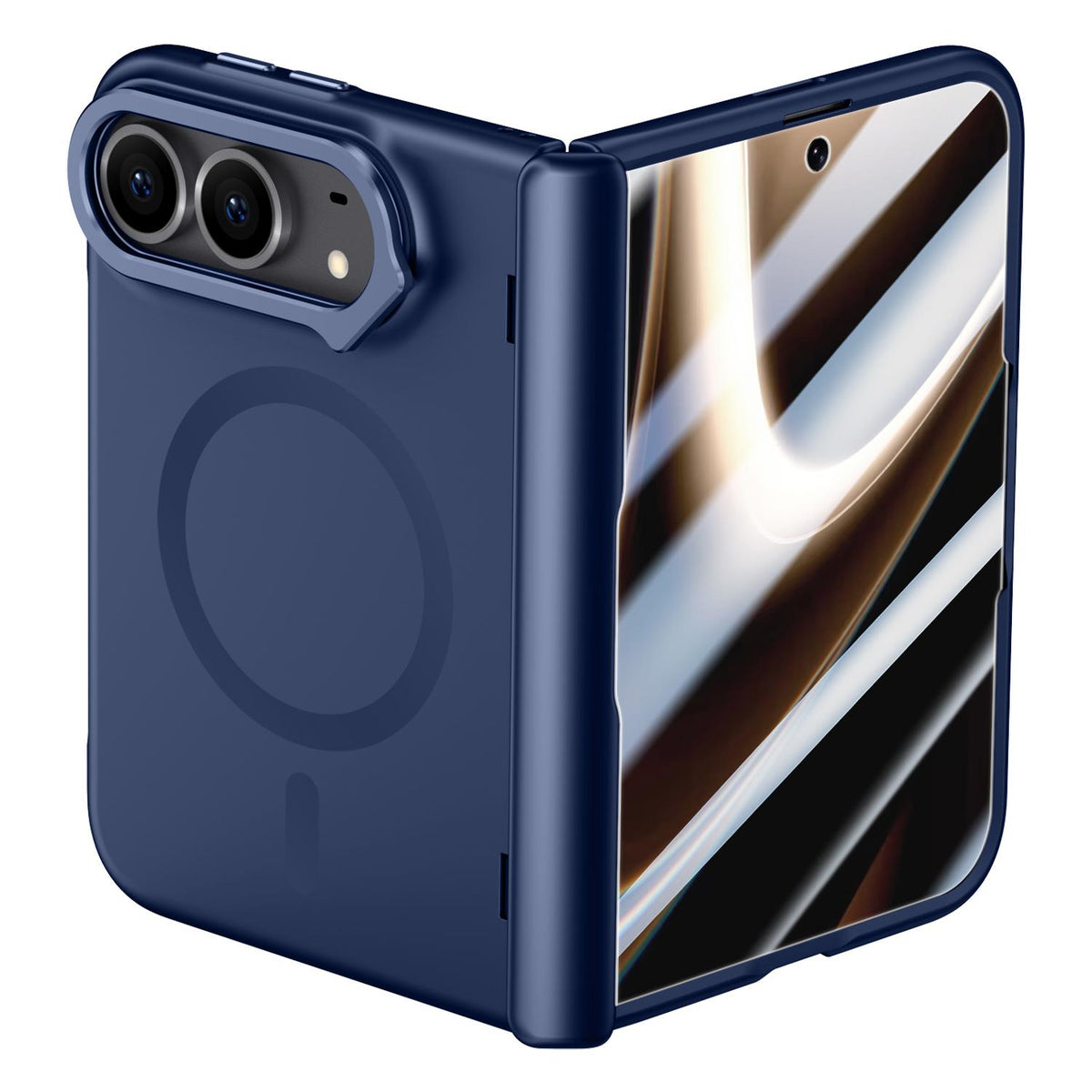 For iPhone Duo Crazy Series Integrated HD Film Skin Feel Center Axis Magnetic Phone Case with Lens Holder - Navy Blue - EDA010234001B