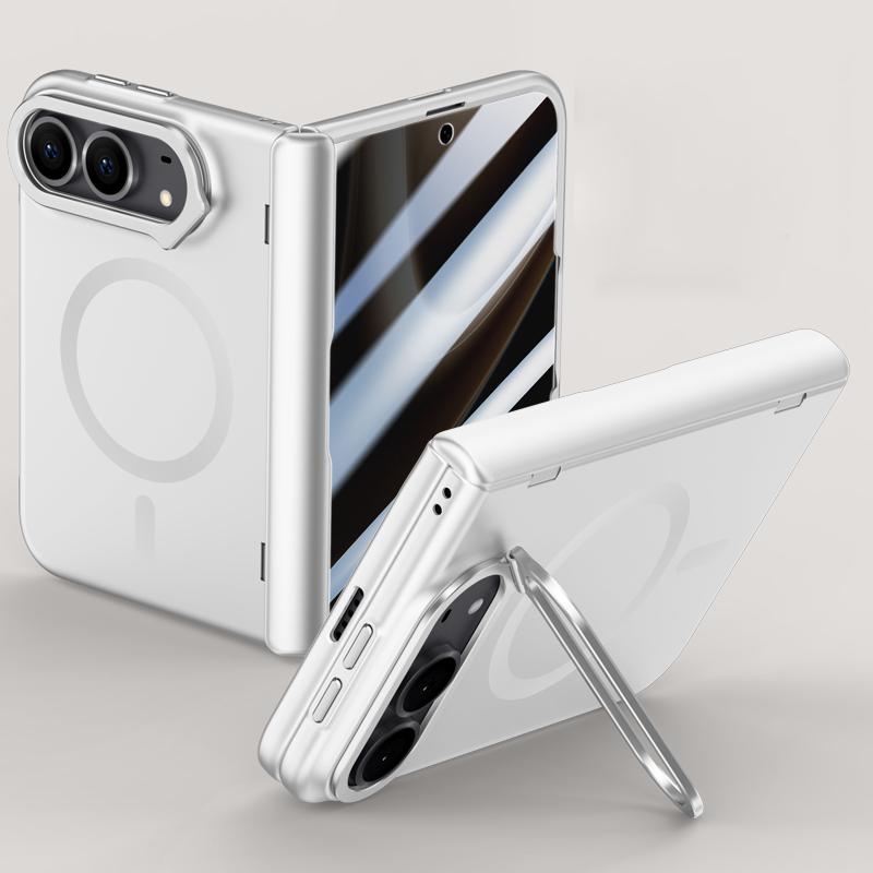 For iPhone Duo Crazy Series Integrated Privacy Film Skin Feel Center Axis Magnetic Phone Case with Lens Holder - Silver - EDA010234301C