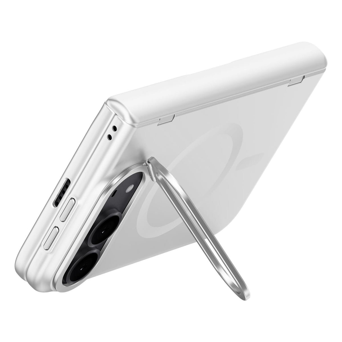 For iPhone Duo Crazy Series Integrated Privacy Film Skin Feel Center Axis Magnetic Phone Case with Lens Holder - Silver - EDA010234301C