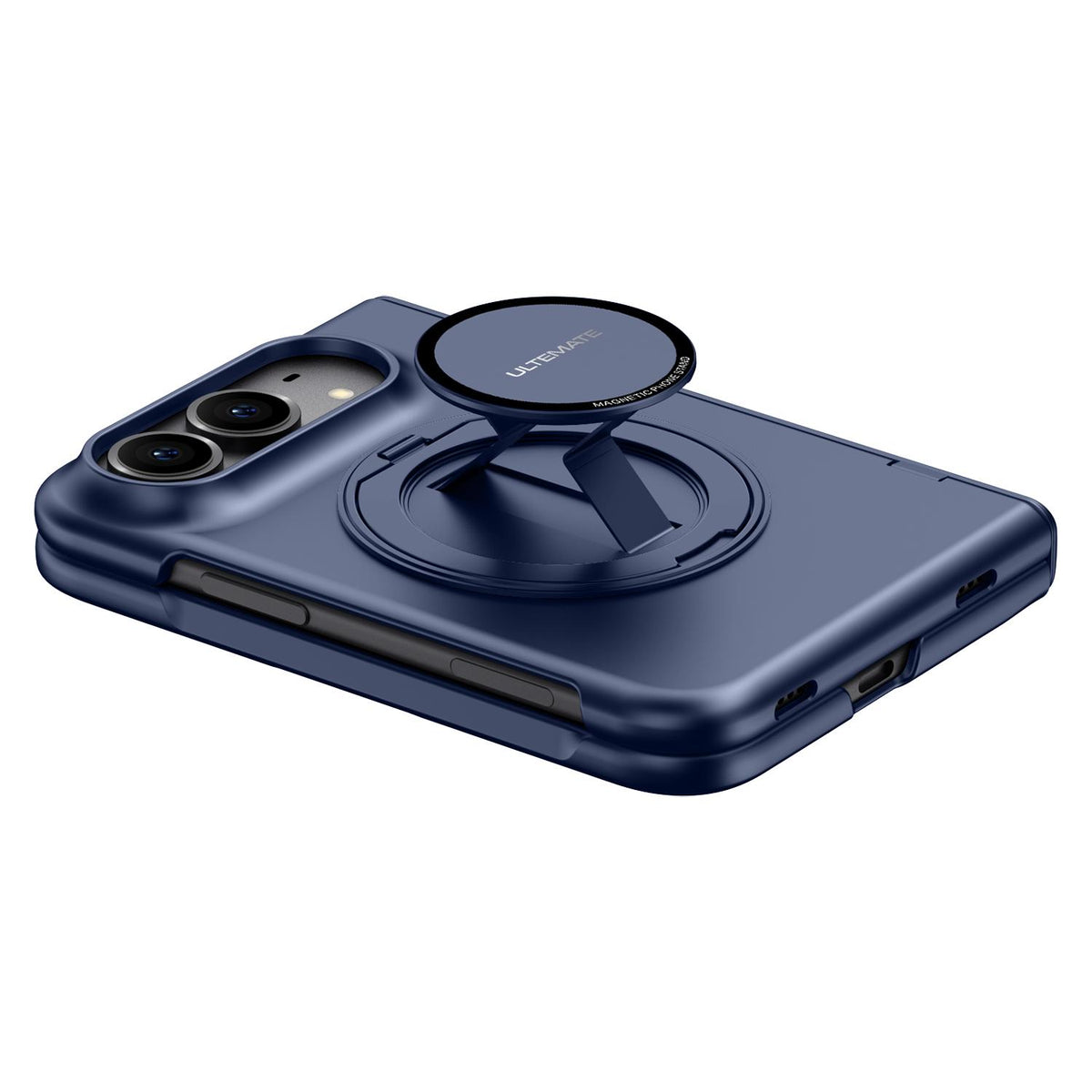 For iPhone Duo Premium Series Integrated HD Film Center Axis Full Coverage Magnetic Phone Case with Wrist Strap & Ring Holder - Navy Blue - EDA010237001B