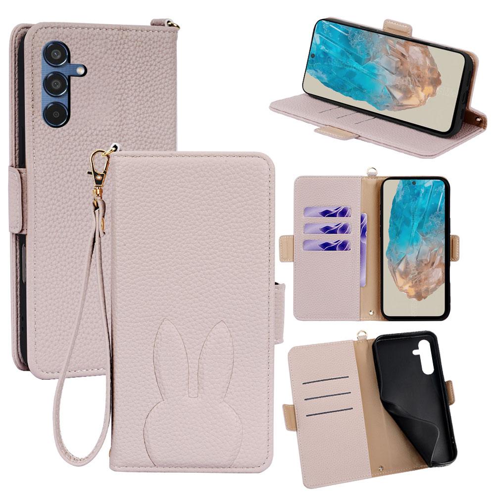 For Galaxy M35 5G Bunny Ears Side Magnetic Clasp Vegan Leather Phone Case with Wrist Strap - Light Pink - EDA010244806E