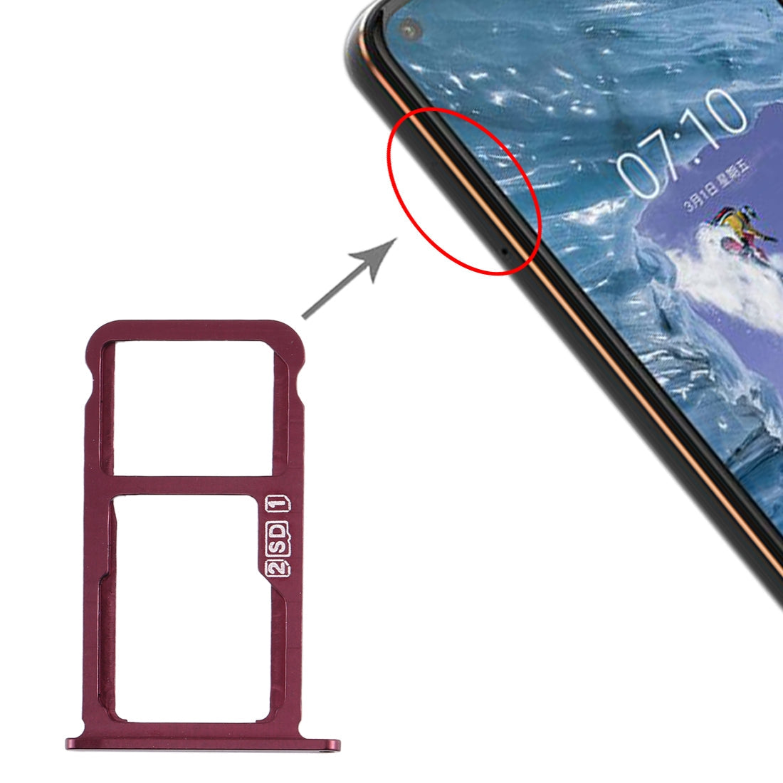 SIM Card Tray + SIM Card Tray / Micro SD Card Tray for Nokia X7 / 8.1 / 7.1 Plus / TA-1131(Purplish Red)