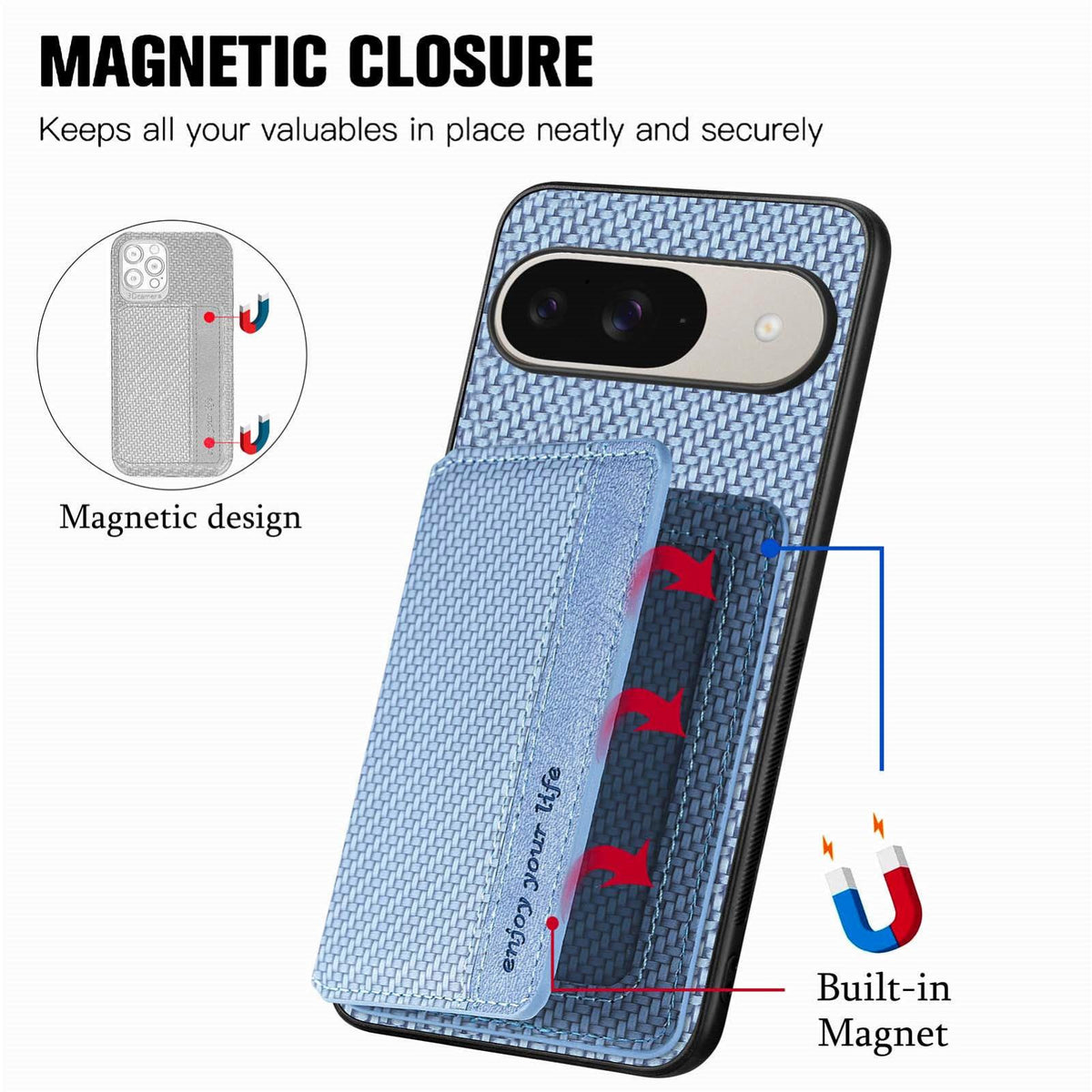 For Google Pixel 11 Carbon Fiber Magnetic Card Bag Phone Case - Blue - SYA002236409B