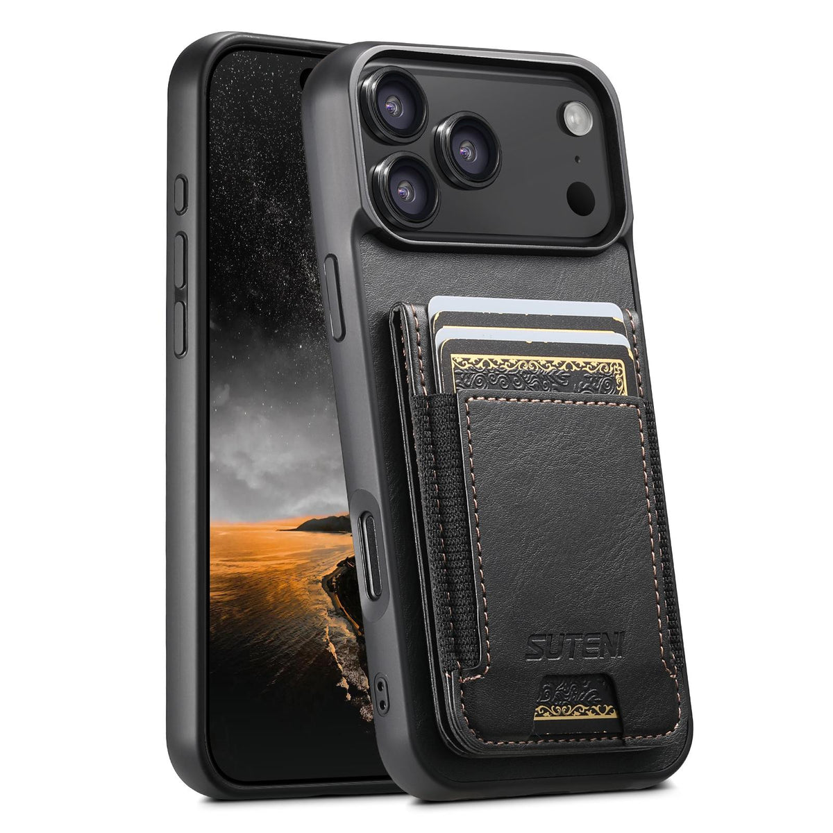 For iPhone 18 Pro Suteni H03 Oil Wax Leather Wallet Stand Back Phone Case - Black - SYA002467327A