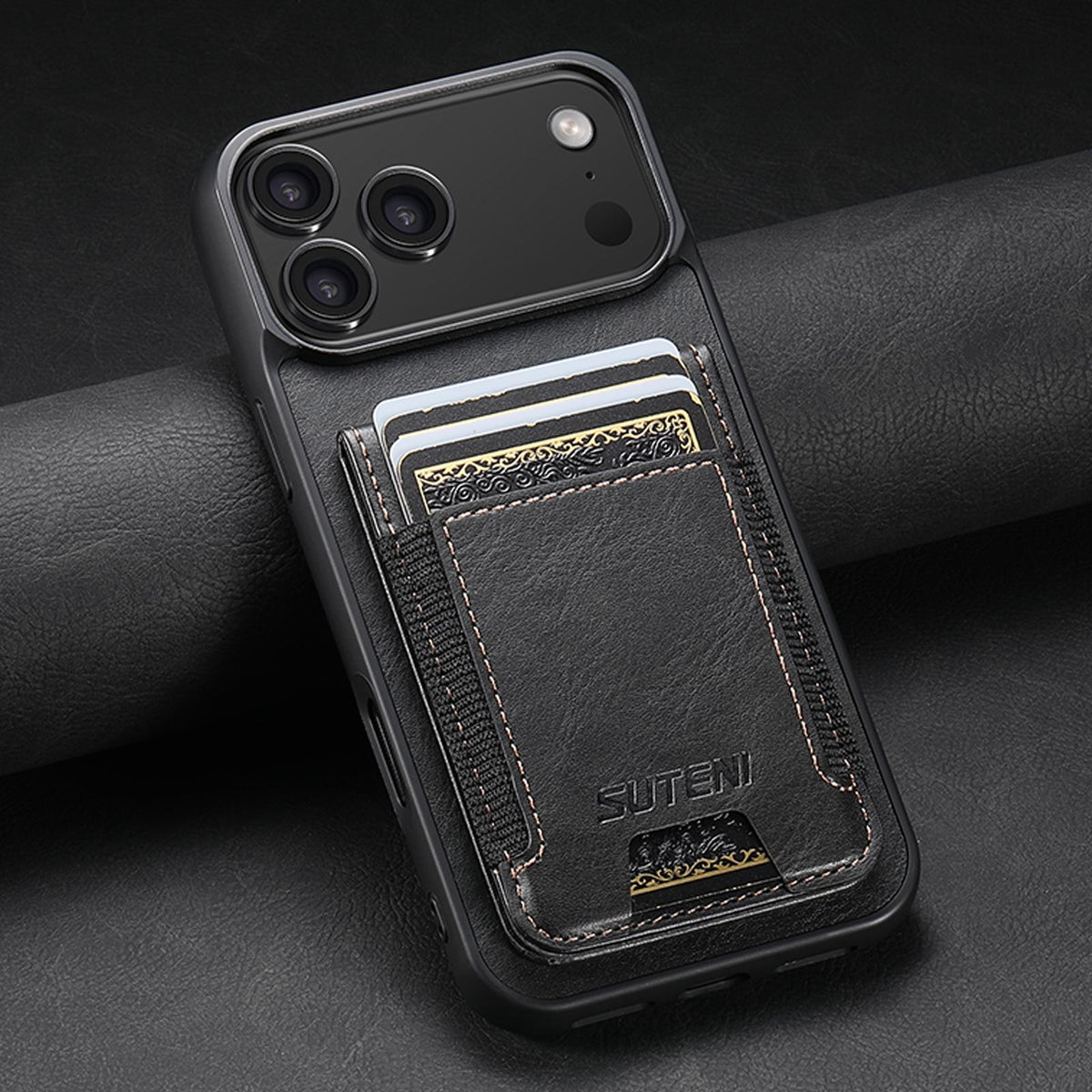 For iPhone 18 Pro Suteni H03 Oil Wax Leather Wallet Stand Back Phone Case - Black - SYA002467327A