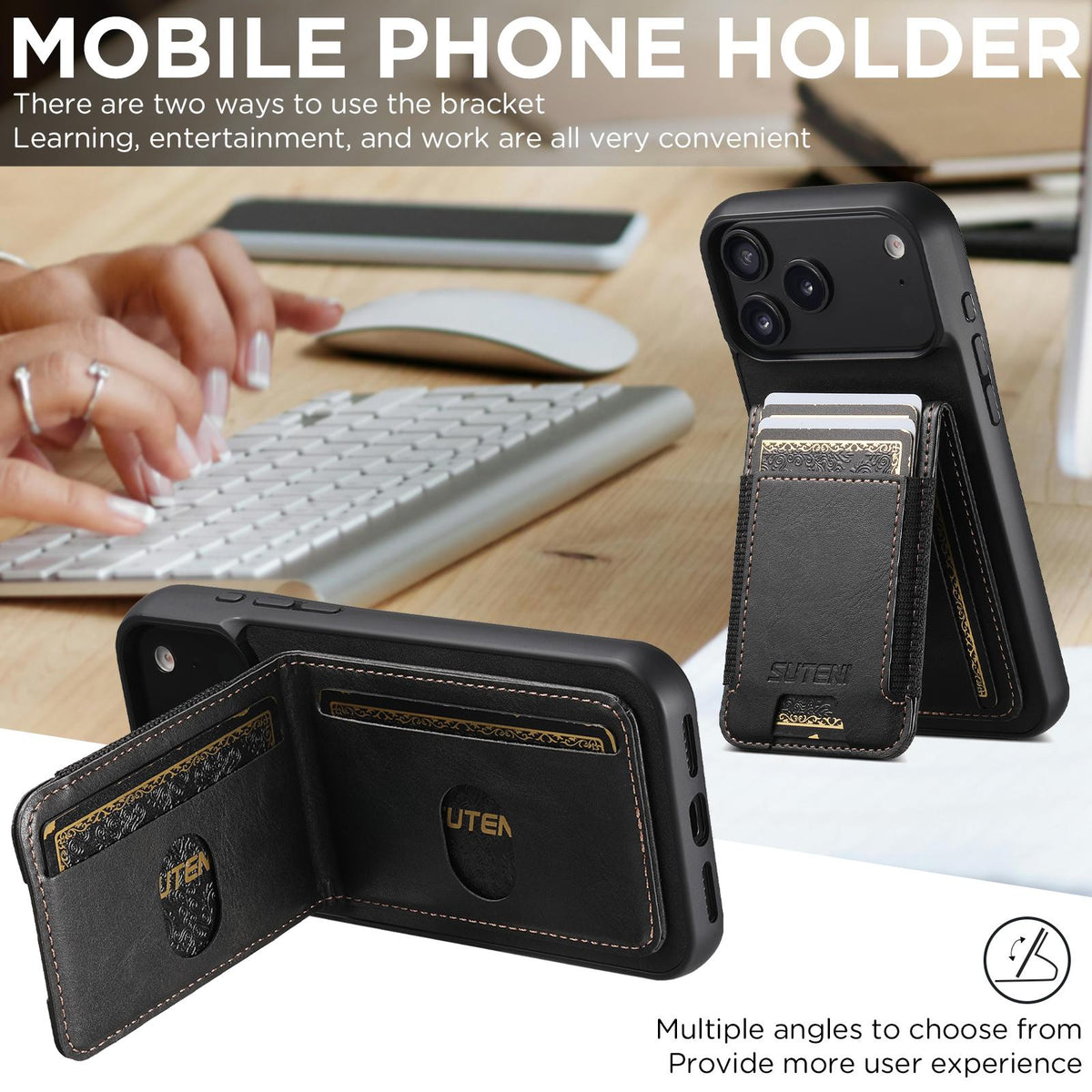 For iPhone 18 Pro Suteni H03 Oil Wax Leather Wallet Stand Back Phone Case - Black - SYA002467327A
