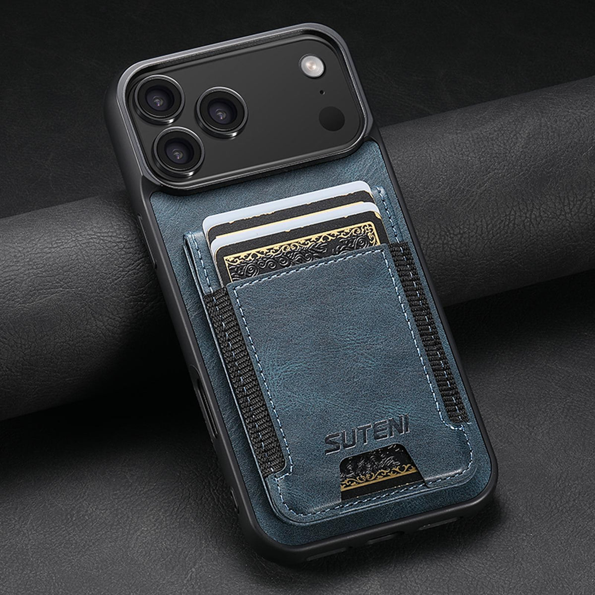 For iPhone 18 Pro Suteni H03 Oil Wax Leather Wallet Stand Back Phone Case - Blue - SYA002467327C