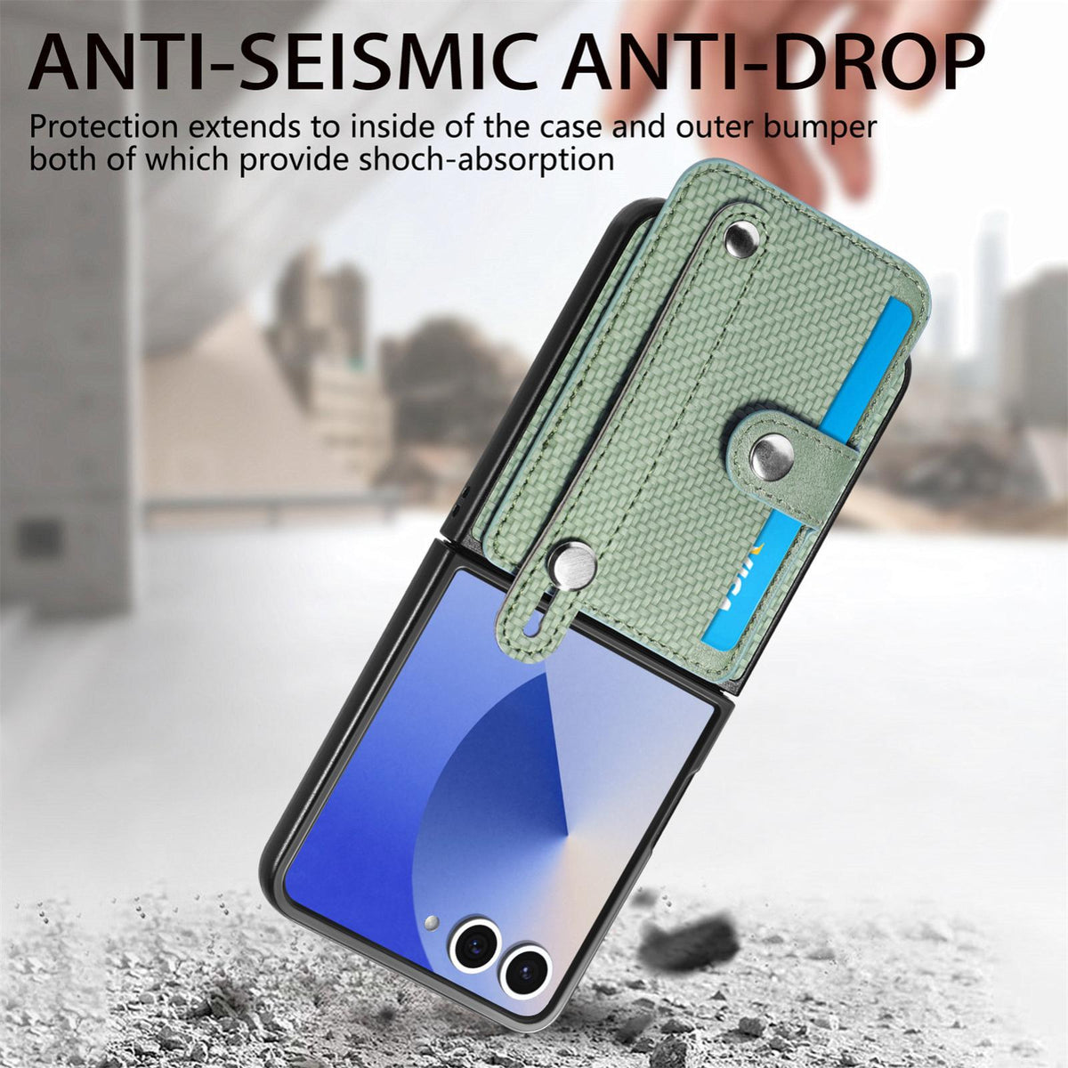 For Galaxy Z Flip8 5G Wristband Kickstand Card Wallet Back Cover Phone Case - Green - SYA002604104C