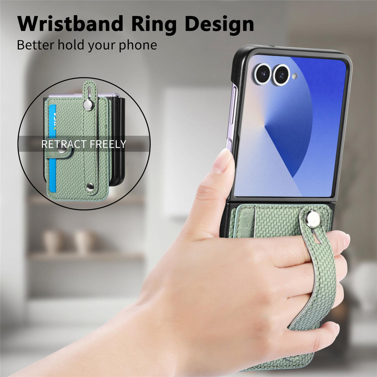 For Galaxy Z Flip8 5G Wristband Kickstand Card Wallet Back Cover Phone Case - Green - SYA002604104C